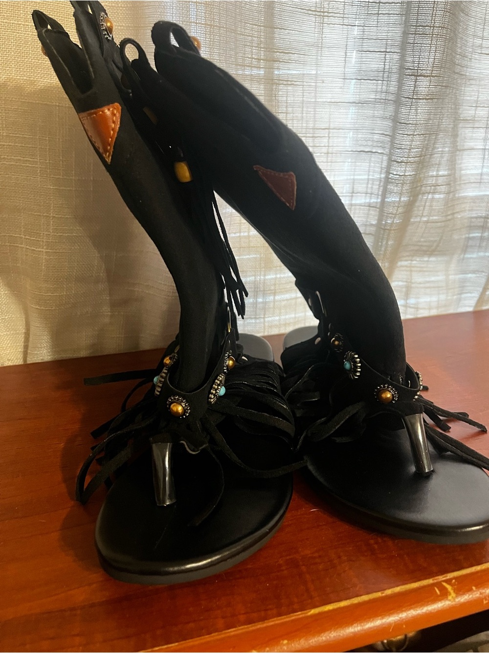 SHEIN Black Fringe Gladiator Sandals with Turquoise and Gold Beads